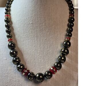 Black, Red & Gold Marbled Bead Necklace Vintage Signed Japan